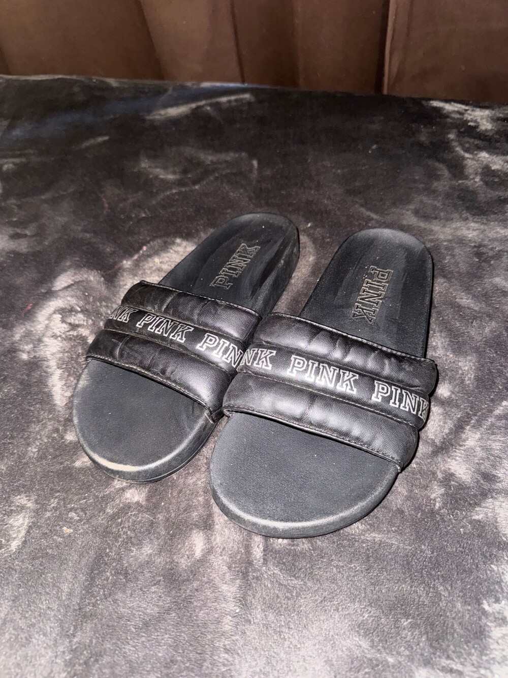 PINK Slide Sandals Size 7 Black Logo Rubber Sole Casual Shoes